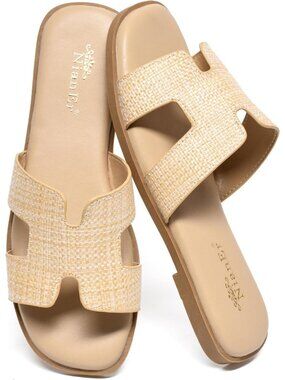 NianEr Women's Beige Leather Comfortable Casual Summer Flats Sandals Shoes